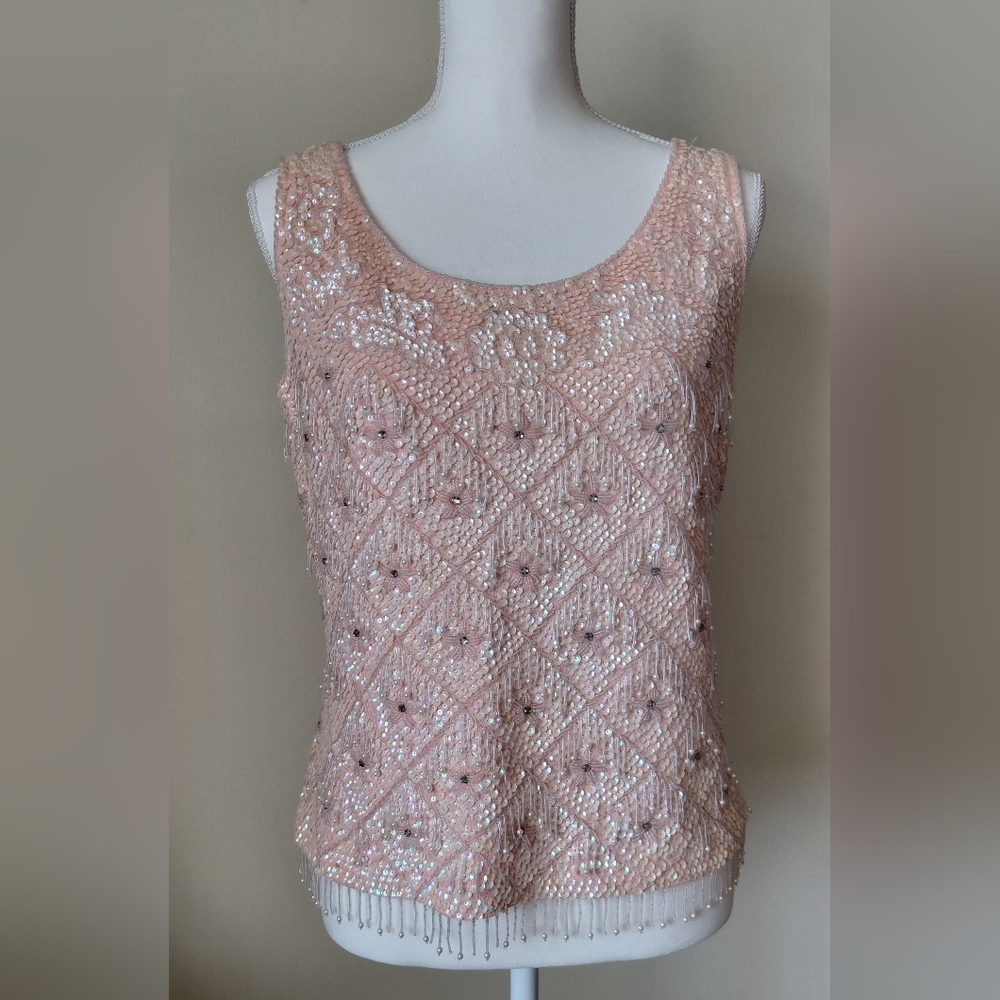 60s Tank Fully Beaded Pink Wool Vintage Sweater Sequin Bead Sparkle Luxe Top ✨️